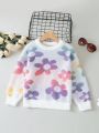 Young Girls Floral Pattern Drop Shoulder Fluffy Knit Sweater