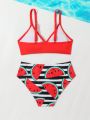 Tween Girls' Solid Color Top, Striped Watermelon Printed Bottoms, Swimsuit Set