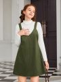 Teen Girls' Ribbed Turtleneck T-Shirt And Corduroy Suspender Skirt Two Piece Set