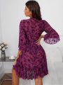 Floral Print Flounce Sleeve Sheer Belted Mesh Robe Without Bra And Panty