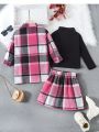 SHEIN Kids SUNSHNE Little Girls' Solid Color High Neck Long Sleeve T-shirt And Plaid Button-up Coat & Skirt Set