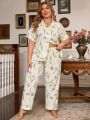 Plus Size Tulip Printed Loungewear Set In Texture Fabric