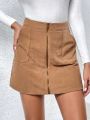 Corduroy Skirt With Slant Pockets And Zipper Front