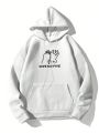 Extended Sizes Men Plus Slogan & Hand Print Kangaroo Pocket Drawstring Hoodie