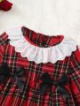 Baby Girl Tartan Print Ruffle Trim Flounce Sleeve Bow Front Dress