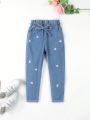 SHEIN Kids EVRYDAY Young Girl Floral Embroidery Paperbag Waist Knot Front Jeans