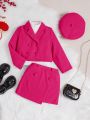 SHEIN Kids FANZEY Young Girl Double Breasted Blazer & Skirt & Hat