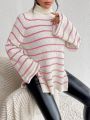 SHEIN Essnce Striped Pattern Turtleneck Raglan Sleeve Split Hem Sweater