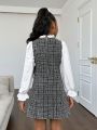 SHEIN Kids Cooltwn Tween Girl Plaid Pattern Flounce Sleeve Frill Trim 2 In 1 Tweed Dress