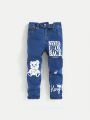 SHEIN Young Boy Cartoon And Slogan Printed Jeans