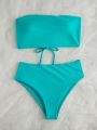 SHEIN Swim Vcay Solid Bikini Set Lace Up Back Reversible Tube Bra & High Waisted Bottom 2 Piece Bathing Suit