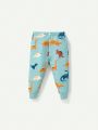 Cozy Cub Baby Boy's Snug Fit Pajamas, Cartoon Dinosaur Print Round Neck Top And Long Pants Set