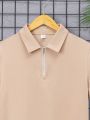 SHEIN Teenage Boys' Casual Comfortable Solid Color Half Zipper Short Sleeve Polo Shirt