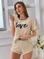 Women's Letter Print Round Neck Short Sleeve T-Shirt And Shorts Homewear Set