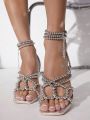 Metallic Rhinestone Decor Stiletto Heeled Sandals