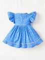 SHEIN Baby Girls' Lovely Heart Patterned Denim Print Flutter Sleeve Dress