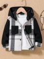 SHEIN Kids EVRYDAY Toddler Boys' Plaid Corduroy Splice Hooded Casual Jacket