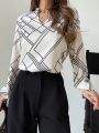 SHEIN Privé Notch Neckline Geometric Pattern Lantern Sleeve Blouse