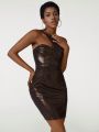 CarlaGiantsidis Asymmetrical Neck Metallic Bodycon Dress