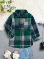 SHEIN Young Girl Plaid Print Pocket Patched Overcoat