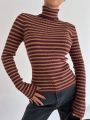 DAZY Kpop Striped Turtleneck Slim Fit Sweater For Layering