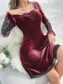 Ladies' Velvet Sleepwear Dress With Lace Splicing