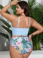 SHEIN Swim Vcay Ladies' Plus Size Solid Color V-Neck Top And Tropical Print Bottom Bikini Swimsuit Set