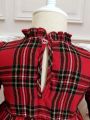 Baby Girl Tartan Print Contrast Lace Ruffle Trim Flounce Sleeve Bow Front Dress & Headband