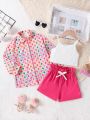 SHEIN Kids Nujoom Toddler Girls' Summer Holiday Style 3pcs/Set, Including Long Sleeve Shirt, Simple Vest, Fashionable Shorts