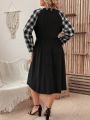 SHEIN LUNE Plus Size Plaid Colorblock Shift Dress With Notched Neckline, Batwing Sleeves, And Hidden Pockets
