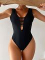 Ladies' Monochromatic Hollow Out One-Piece Swimsuit