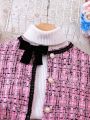 SHEIN Kids CHARMNG Young Girl Plaid Print Contrast Trim Jacket & Skirt & Bow Tie