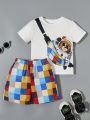 SHEIN Kids QTFun Toddler Boys' Cute Cartoon Bear Patterned Short Sleeve Top And Color Block Shorts Set