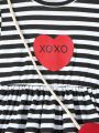 SHEIN Kids EVRYDAY Little Girls' Autumn Fashionable Striped Round Neck Long Sleeve Dress With Heart & Letter Print Design Plus Bag