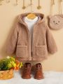 SHEIN Baby Dual Pocket Zipper Hooded Teddy Coat Without Sweater & Bag