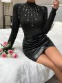 SHEIN Privé Pearls Beaded Mock Neck Sweater