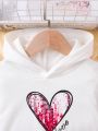 SHEIN Kids CHARMNG Young Girl Love Heart Glittery Printed Hoodie & Cami Dress Two Piece Set