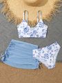 Tween Girl's Random Floral Print Bikini Set And Drawstring Side Swimsuit Skirt