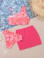 SHEIN Teen Girl 3pcs/Set Water Ripple Pattern Bikini Swimsuit With Padded Halter Neck Underwire Top, Triangle Bottom And Ruched Skirt