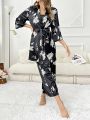 Floral Print Belted Satin Robe & Cami Top & Pants PJ Set