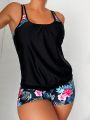 SHEIN Swim Lushore Summer Beach Tropical Print Shorts Tankini