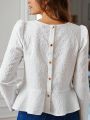 SHEIN Frenchy Embossed Texture Fabric Puff Sleeve Blouse, With Waist Ruffles And Back Bottons