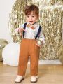 SHEIN Baby Boy Striped Bow Front Shirt & Suspender Pants