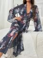 Floral Print Belted Mesh Robe Without Lingerie Set