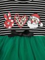 SHEIN Toddler Girls' Striped Christmas Pattern Patchwork Mesh Dress In Solid Color