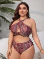 SHEIN Swim BohoFeel Plus Size Paisley Print Pompom Decor Cross Halter Bikini Set