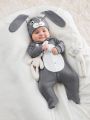 SHEIN Baby Boy Cartoon Graphic 3D Ear Design Footed Jumpsuit & Hat