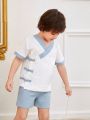 Toddler Boys' Chinese Style Short Sleeve Top With Frog Button And Shorts Casual Outfit