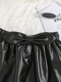 SHEIN Tween Girl Solid Bow Front PU Leather Flare Skirt