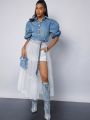 Katalyst Kouture Puff Sleeve Belted Mesh Hem Denim Dress